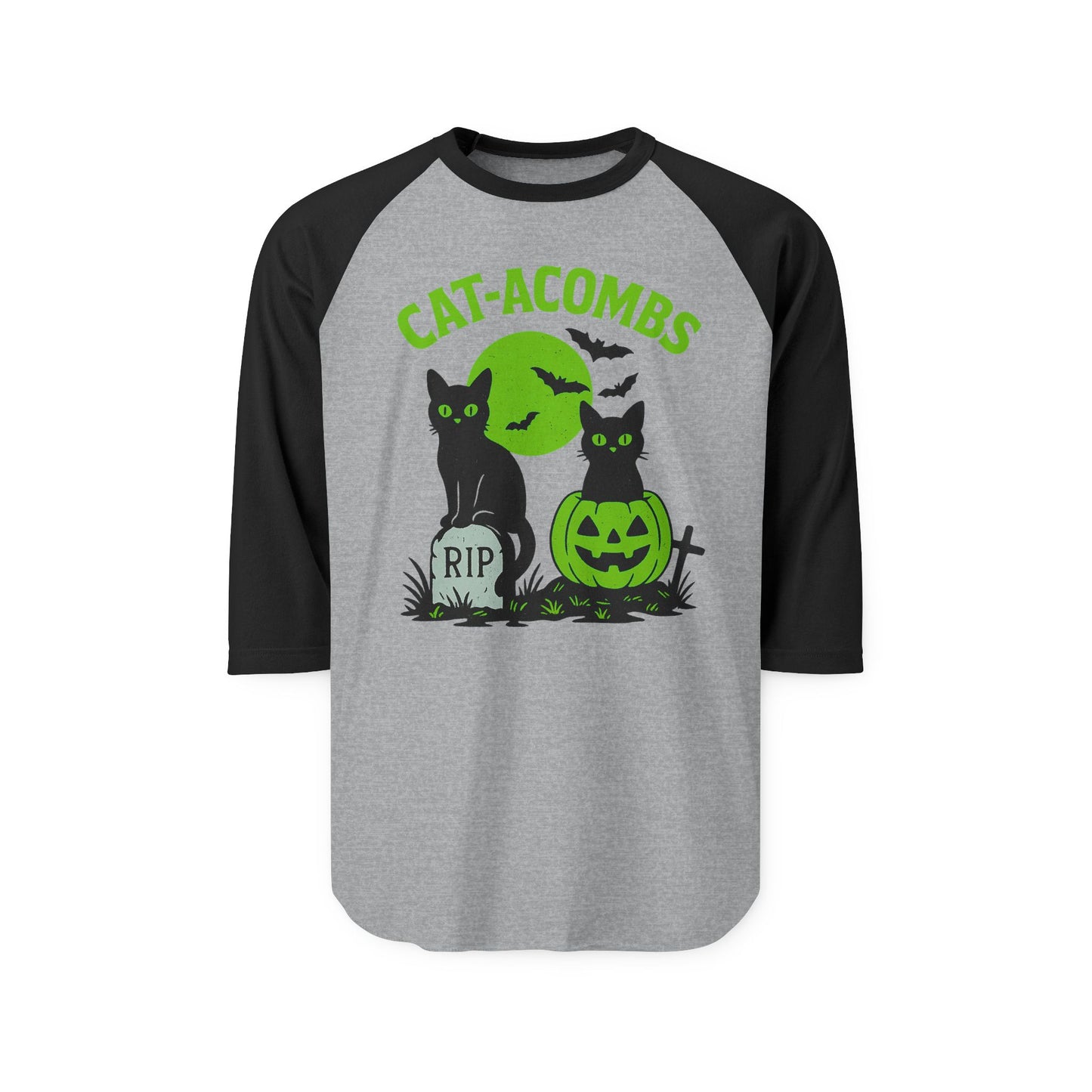 Halloween Cat-Acombs Raglan Shirt, Unisex Halloween Tee, Spooky Season Apparel, Cat Lovers Gift, Fall Fashion, Halloween Party Shirt