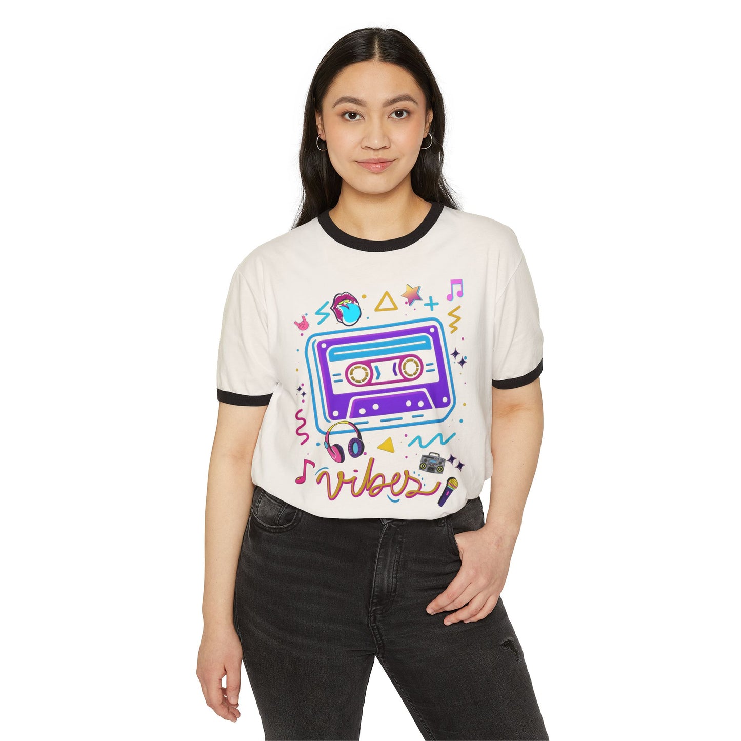 Retro Vibes Unisex Ringer T-Shirt - Casual Style, 90s Aesthetic, Perfect Gift for Music Lovers, Vintage Fashion, Festival Wear