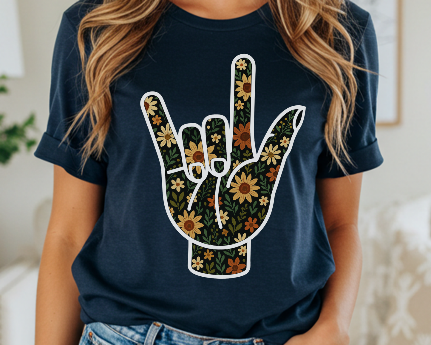 ASL Love Sign Floral Shirt | Soft Inclusive Graphic Tee for Deaf Community