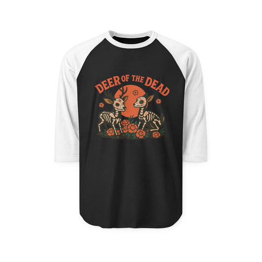 Deer of the Dead Raglan Shirt, Unisex Halloween Tee, Day of the Dead Shirt, Spooky Fashion, Fall Wardrobe Essential