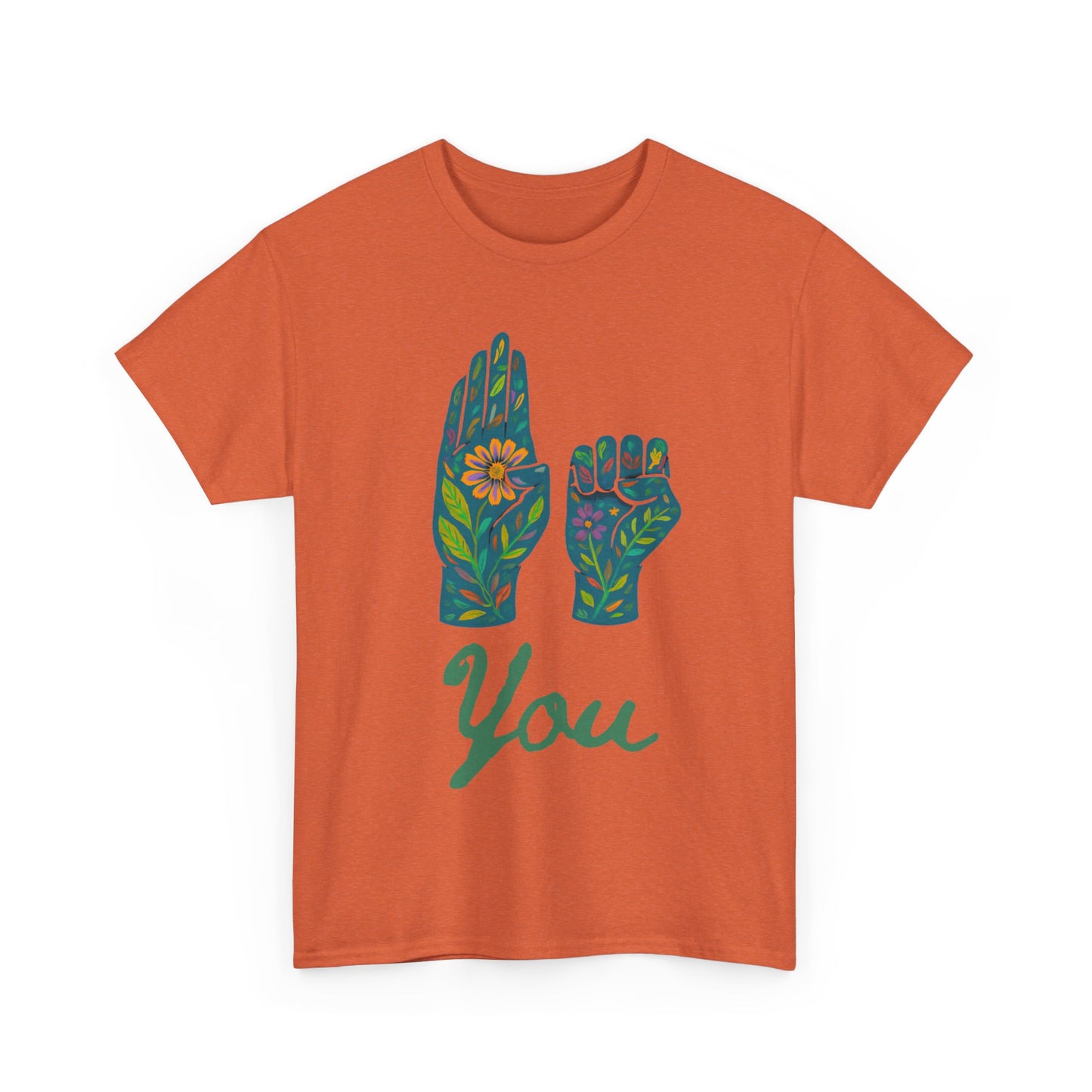 Unisex Heavy Cotton Tee with Floral ASL Design, Inspirational Sign Language T-Shirt