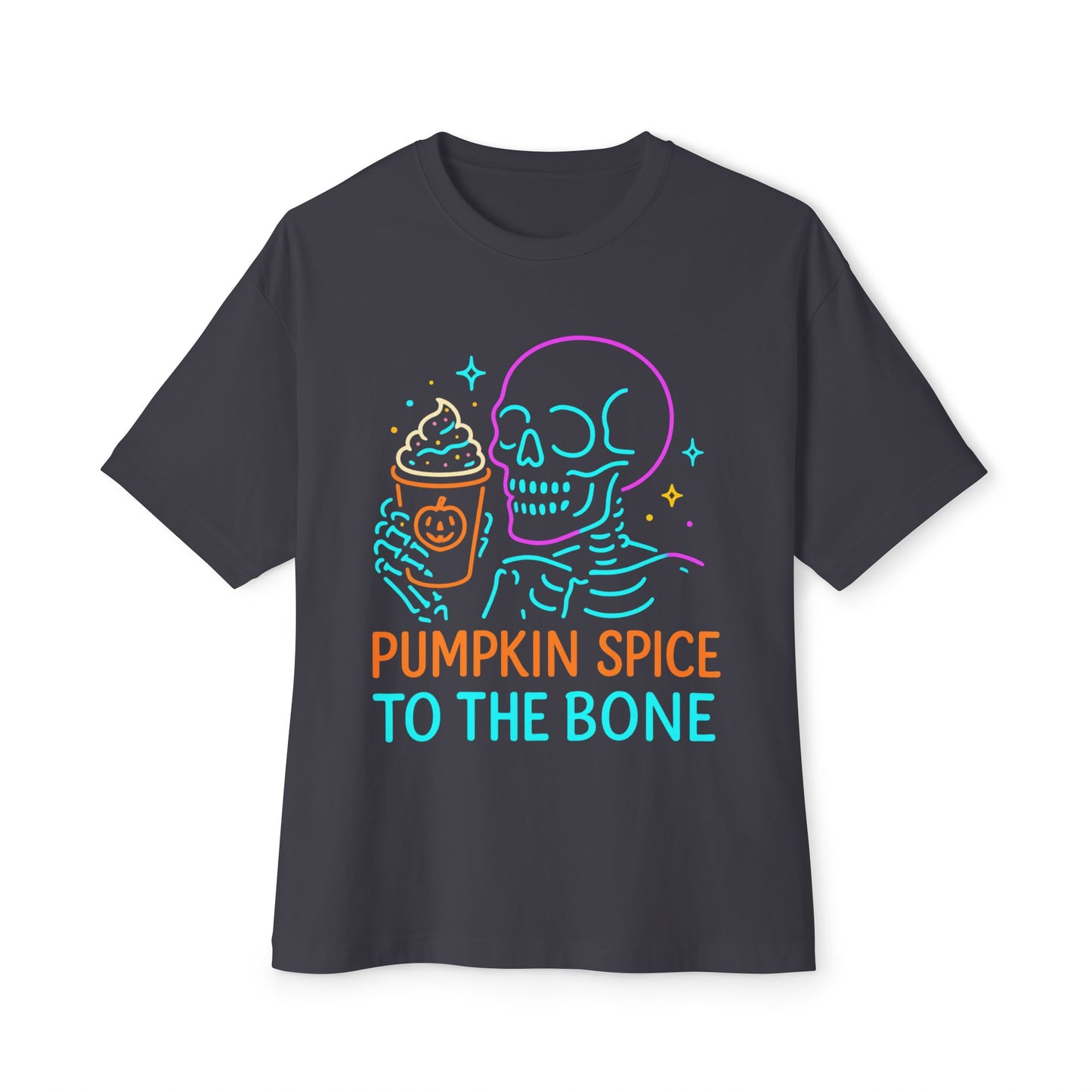 Pumpkin Spice Skeleton Tee, Unisex Halloween Shirt, Oversized Boxy Tee, Fall T-Shirt, Fun Autumn Apparel