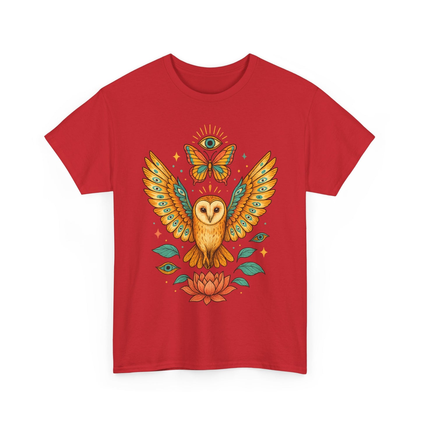 Owl and Butterfly Graphic Tee, Spiritual Cotton T-Shirt, Lotus Lover Gift, Boho Style