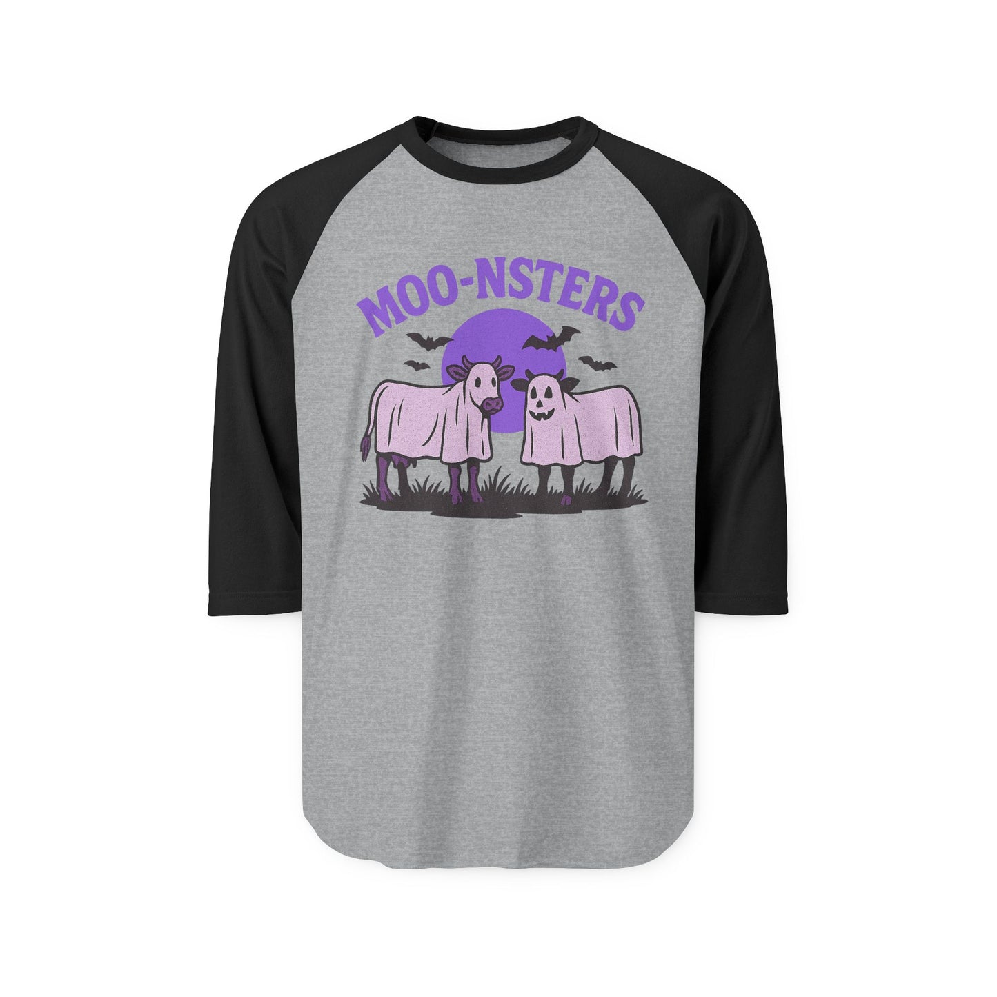Moo-nsters Raglan Halloween Shirt, Cute Farm Cow Tee, Halloween Clothing, Funny Graphic Shirt, Unisex Casual Wear, Gift for Cow Lovers