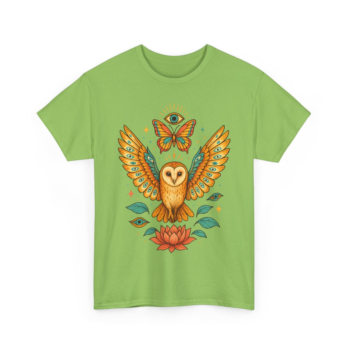 Owl and Butterfly Graphic Tee, Spiritual Cotton T-Shirt, Lotus Lover Gift, Boho Style