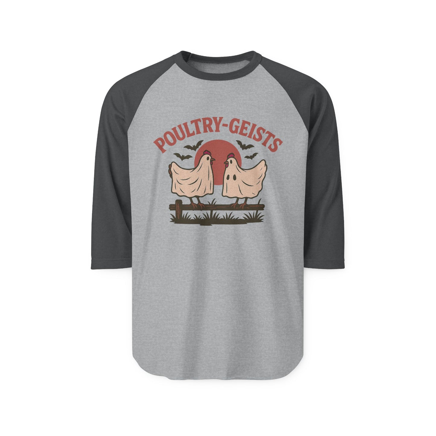 Poultry-Geists Unisex Raglan Halloween Shirt, Funny Halloween Tee, Farmhouse Style Top, Ghost Chicken Shirt, Perfect for Parties, Gift Idea