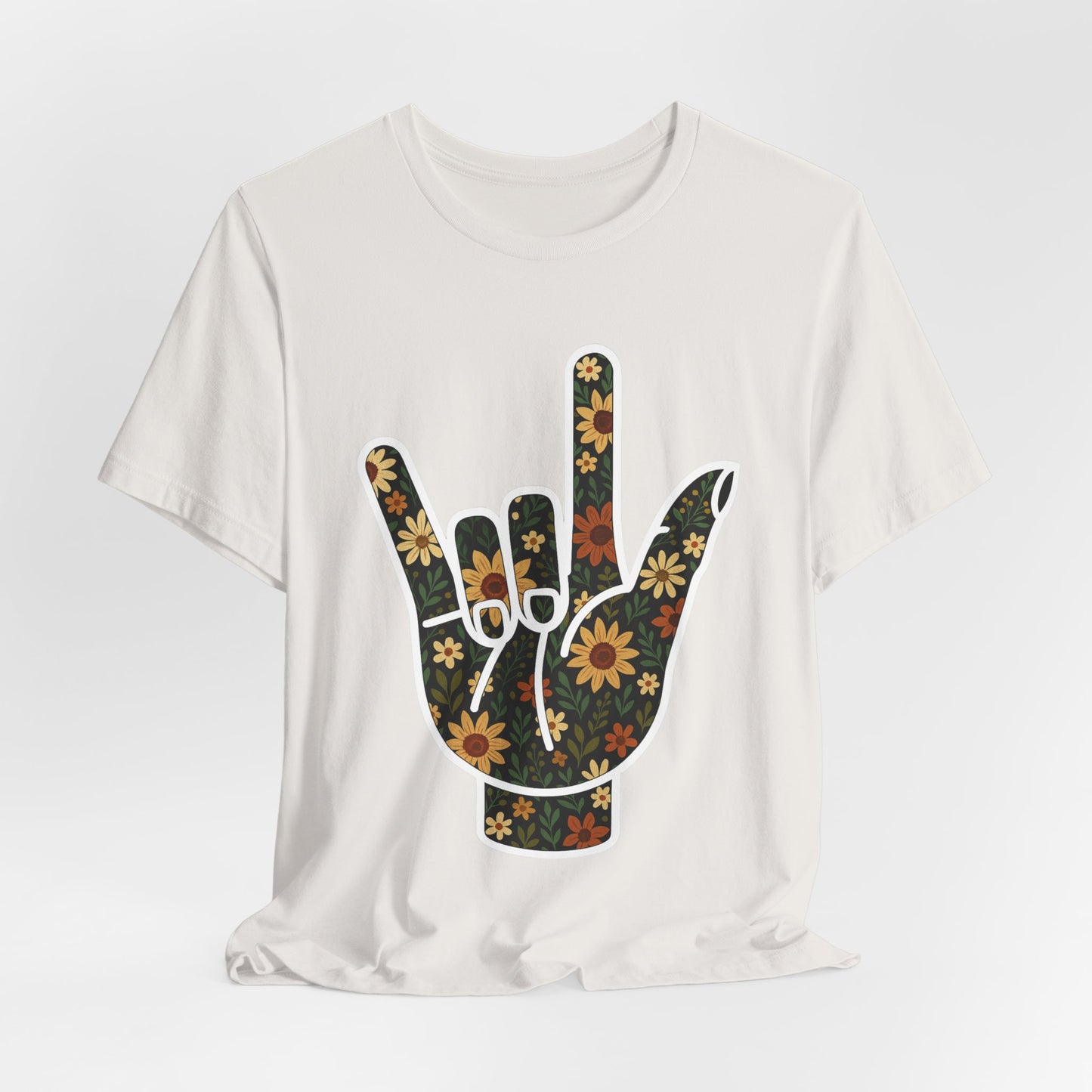 ASL Love Sign Floral Shirt | Soft Inclusive Graphic Tee for Deaf Community