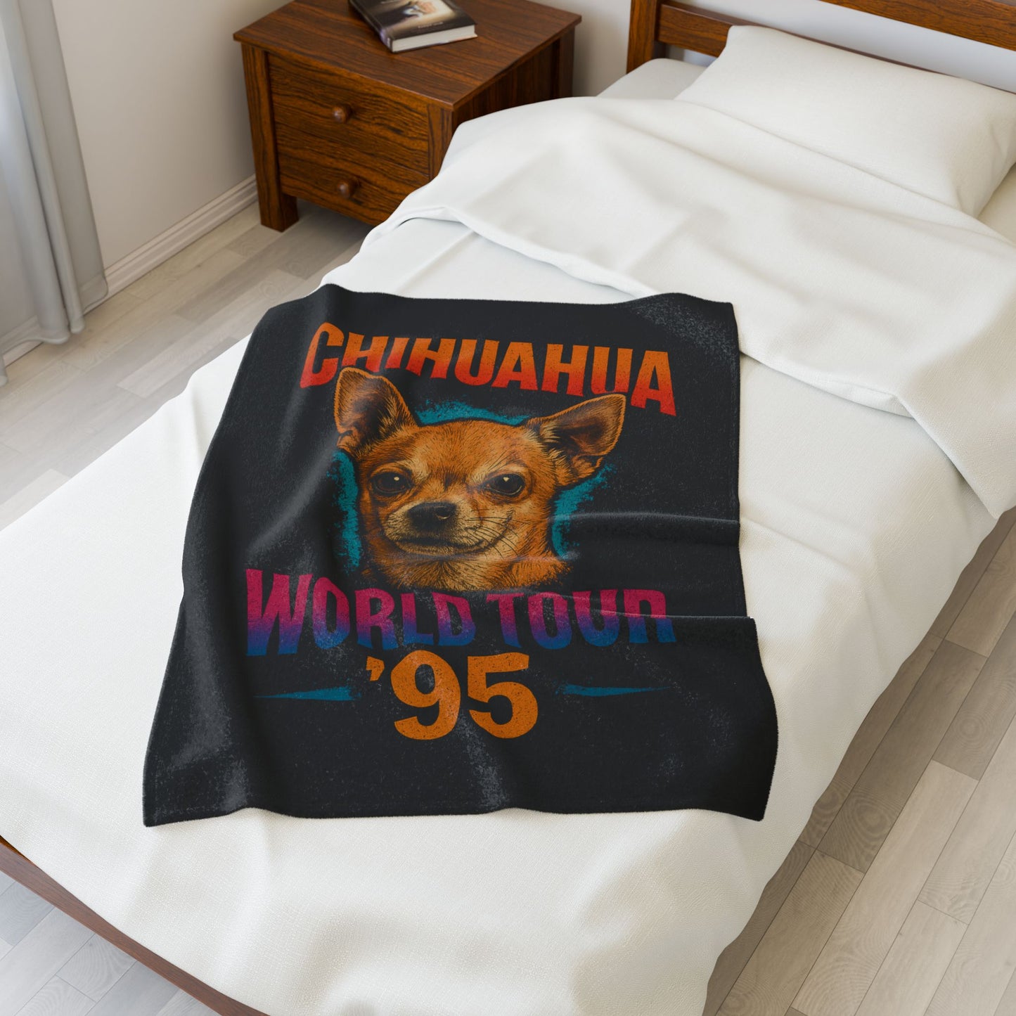 Chihuahua World Tour '95 Velveteen Plush Blanket, Cozy Throw Blanket, Pet Lover Gift, Dog Mom Present, Retro Dog Blanket, Home Decor