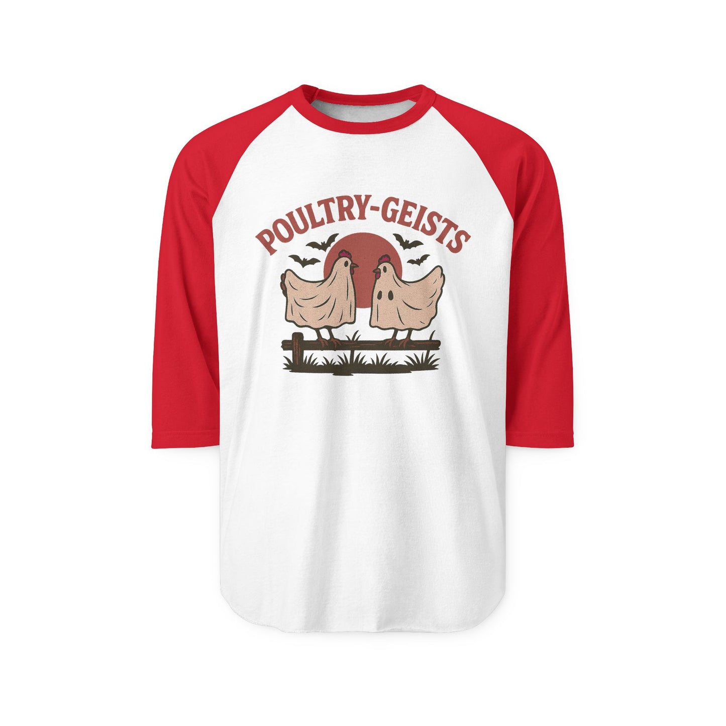 Poultry-Geists Unisex Raglan Halloween Shirt, Funny Halloween Tee, Farmhouse Style Top, Ghost Chicken Shirt, Perfect for Parties, Gift Idea