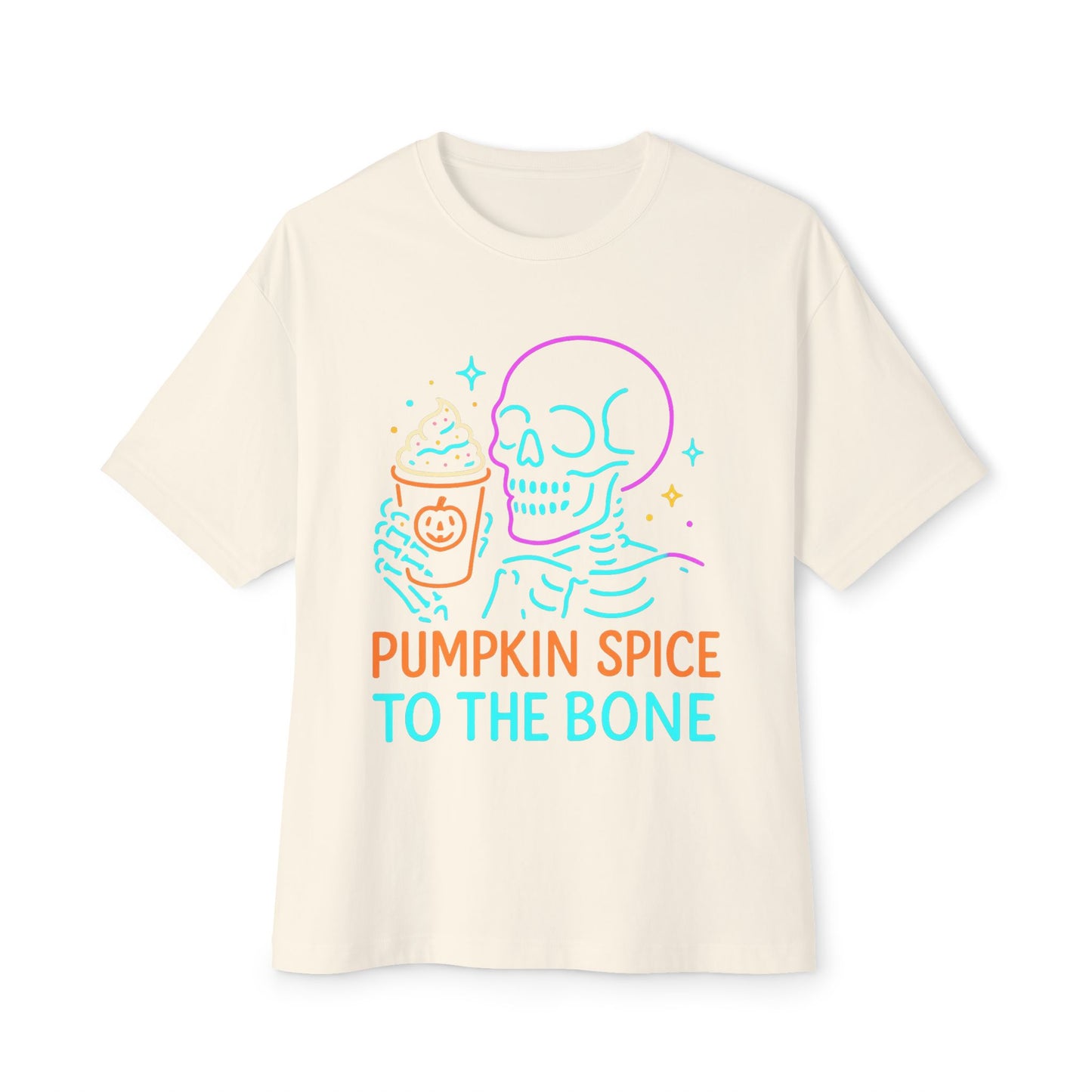 Pumpkin Spice Skeleton Tee, Unisex Halloween Shirt, Oversized Boxy Tee, Fall T-Shirt, Fun Autumn Apparel