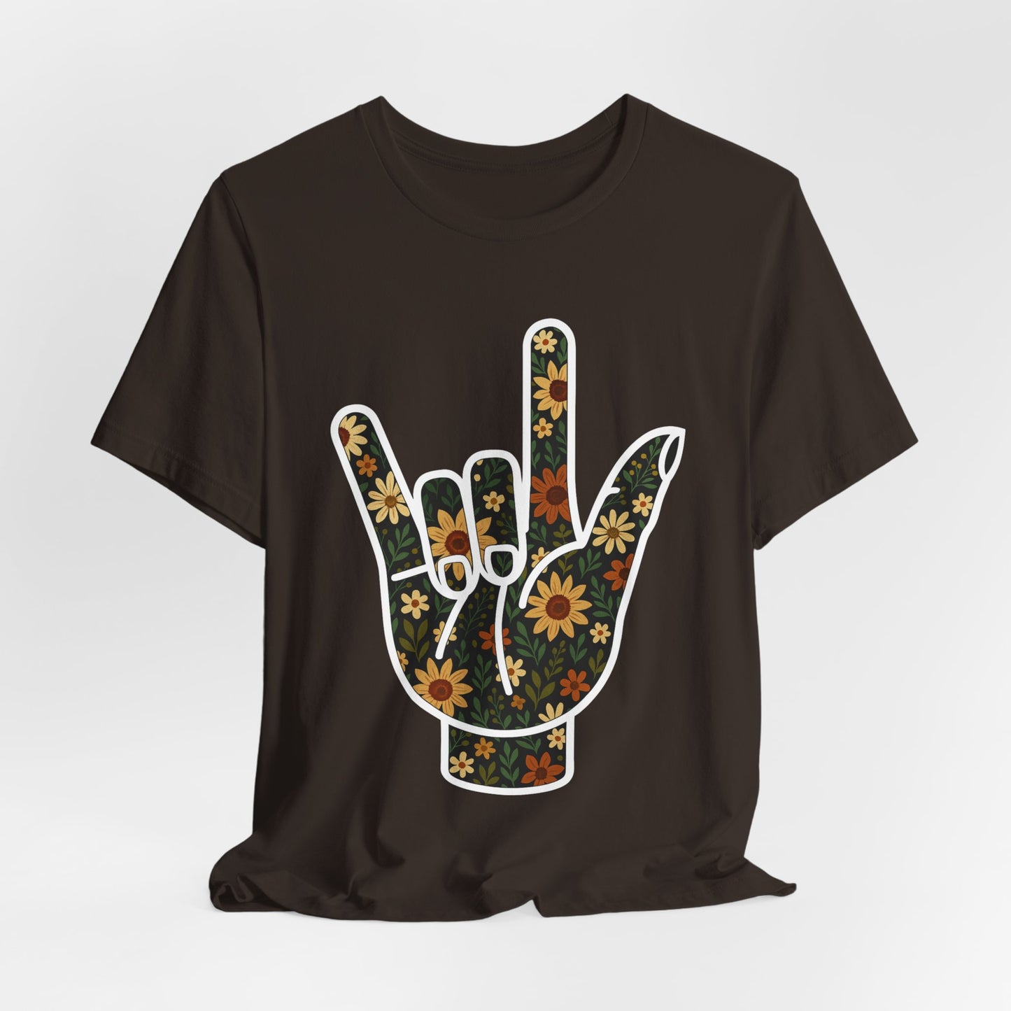 ASL Love Sign Floral Shirt | Soft Inclusive Graphic Tee for Deaf Community