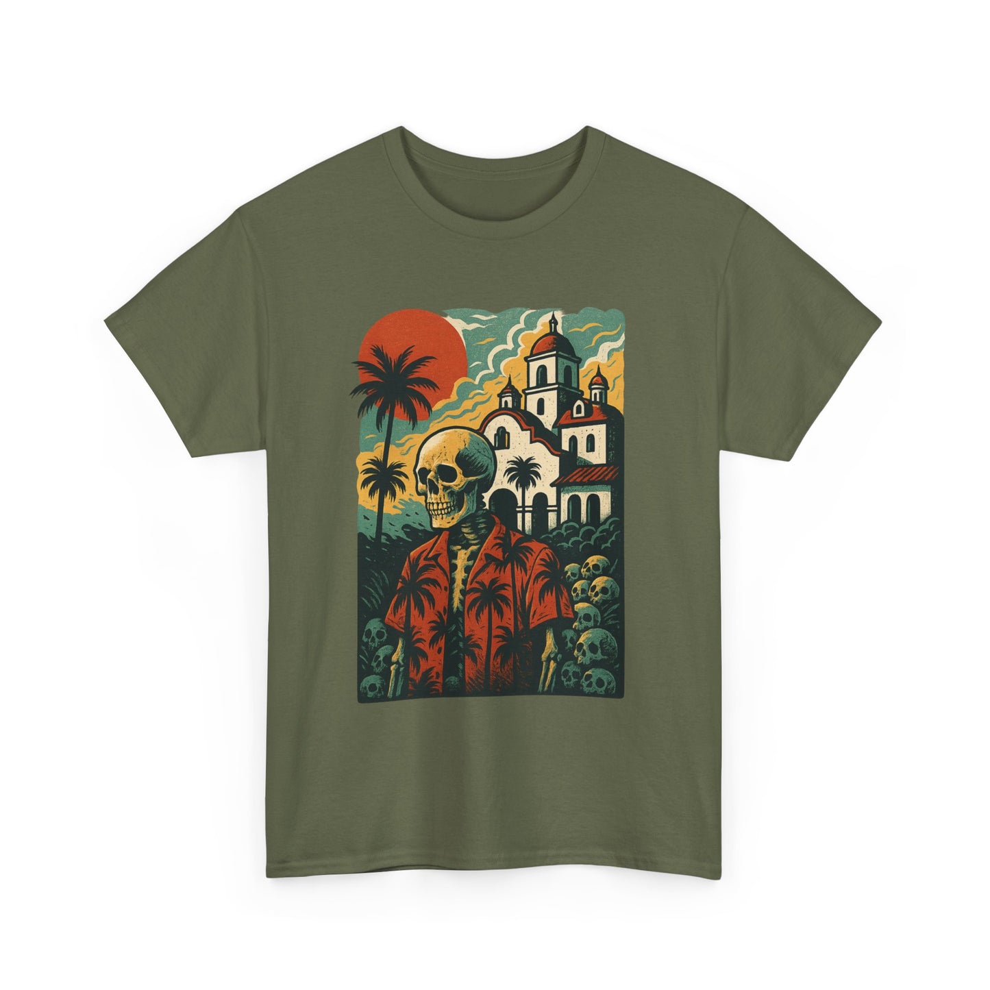 Retro Skeleton Palm Tree Tee, California Hotel, Vintage Beach T-Shirt, Unisex Graphic Top, Summer Vibes Shirt, Ideal for Halloween, Day of the Dead