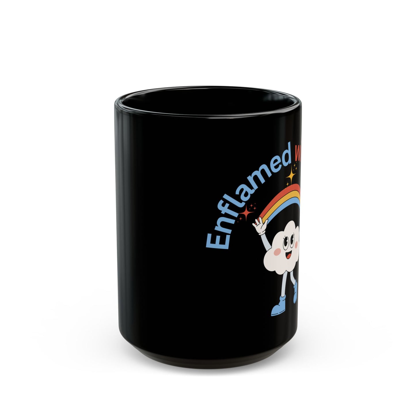Smiling Cloud with Rainbow Coffee Cup: Sarcastic Black Glossy Coffee Mug for Dark Humor Lovers