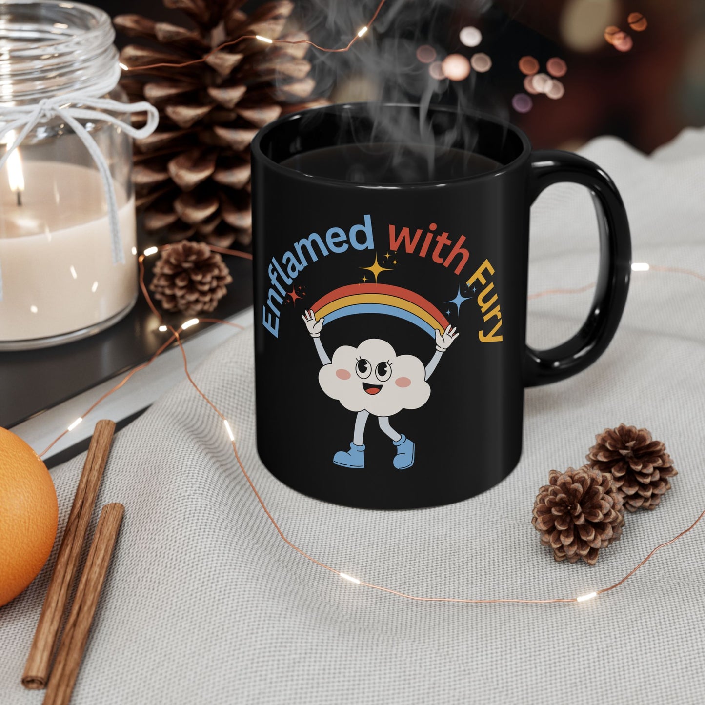 Smiling Cloud with Rainbow Coffee Cup: Sarcastic Black Glossy Coffee Mug for Dark Humor Lovers
