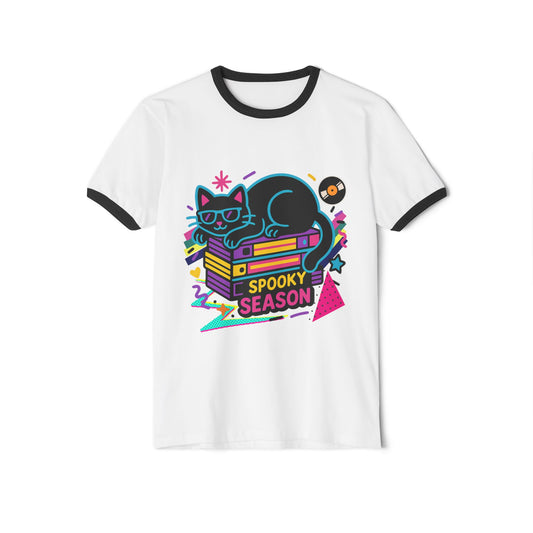 Spooky Season Cat Ringer T-Shirt, Cute Halloween Tee, Unisex Graphic Shirt, Retro Vibes, Cozy Casual Wear