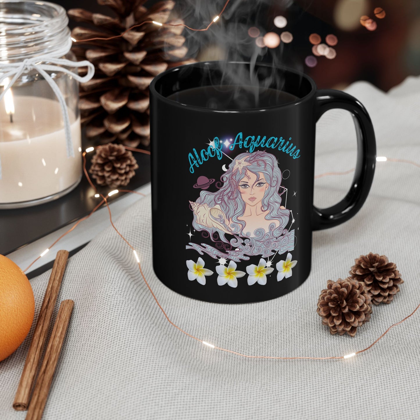 Aquarius Zodiac Black Coffee Mug with Floral Design, Astrology Gift, Coffee Cup, Horoscope Lover's Mug