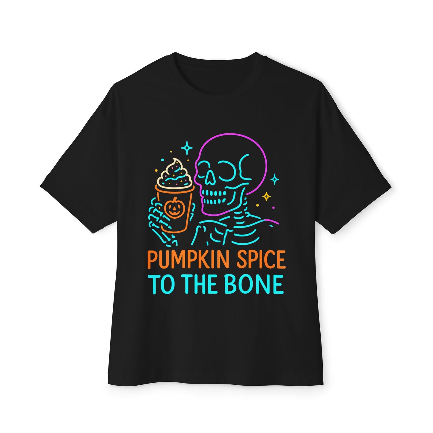 Pumpkin Spice Skeleton Tee, Unisex Halloween Shirt, Oversized Boxy Tee, Fall T-Shirt, Fun Autumn Apparel