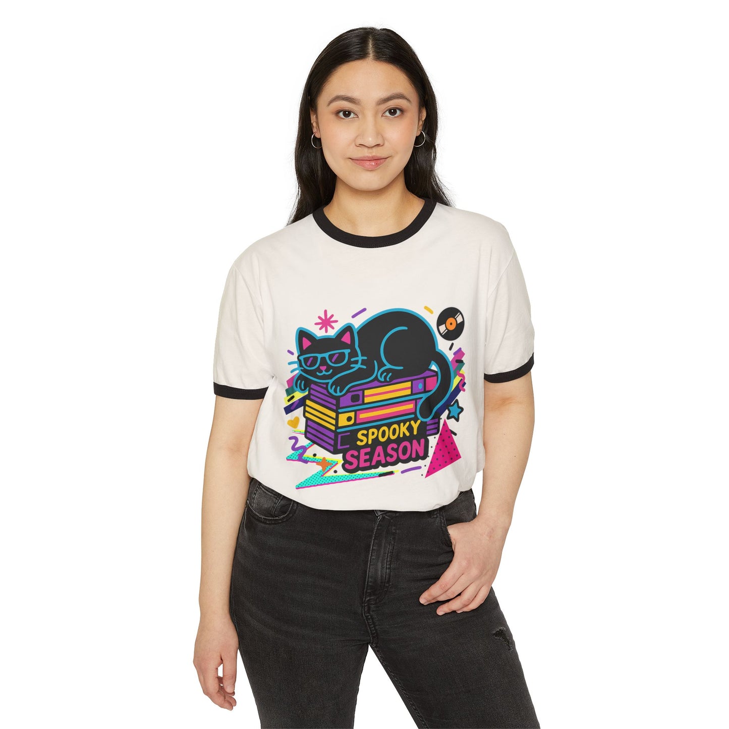 Spooky Season Cat Ringer T-Shirt, Cute Halloween Tee, Unisex Graphic Shirt, Retro Vibes, Cozy Casual Wear