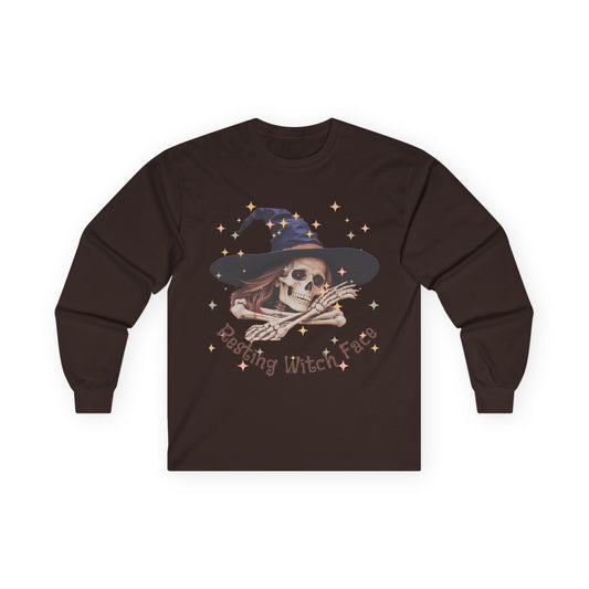 Spooky Skeleton Witch Long Sleeve Tee, Halloween Costume T-shirt, Ghostly Witch Shirt, Fall Tee