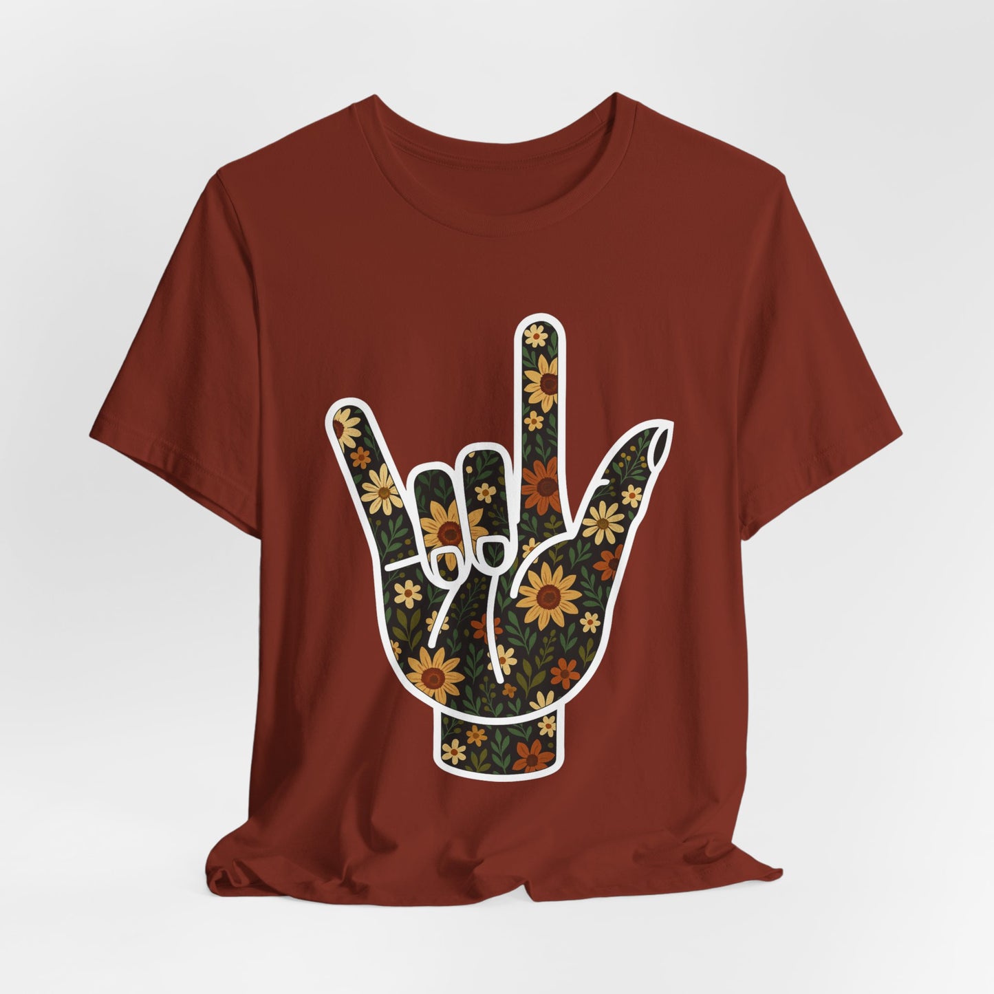 ASL Love Sign Floral Shirt | Soft Inclusive Graphic Tee for Deaf Community