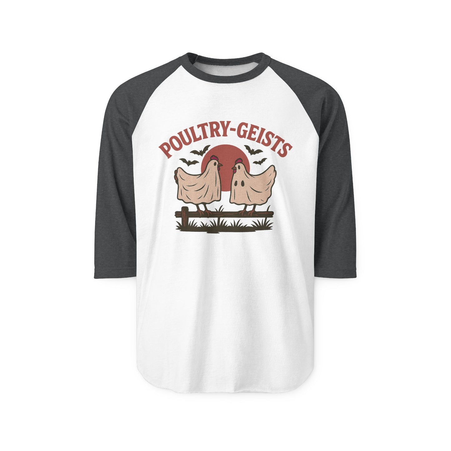 Poultry-Geists Unisex Raglan Halloween Shirt, Funny Halloween Tee, Farmhouse Style Top, Ghost Chicken Shirt, Perfect for Parties, Gift Idea