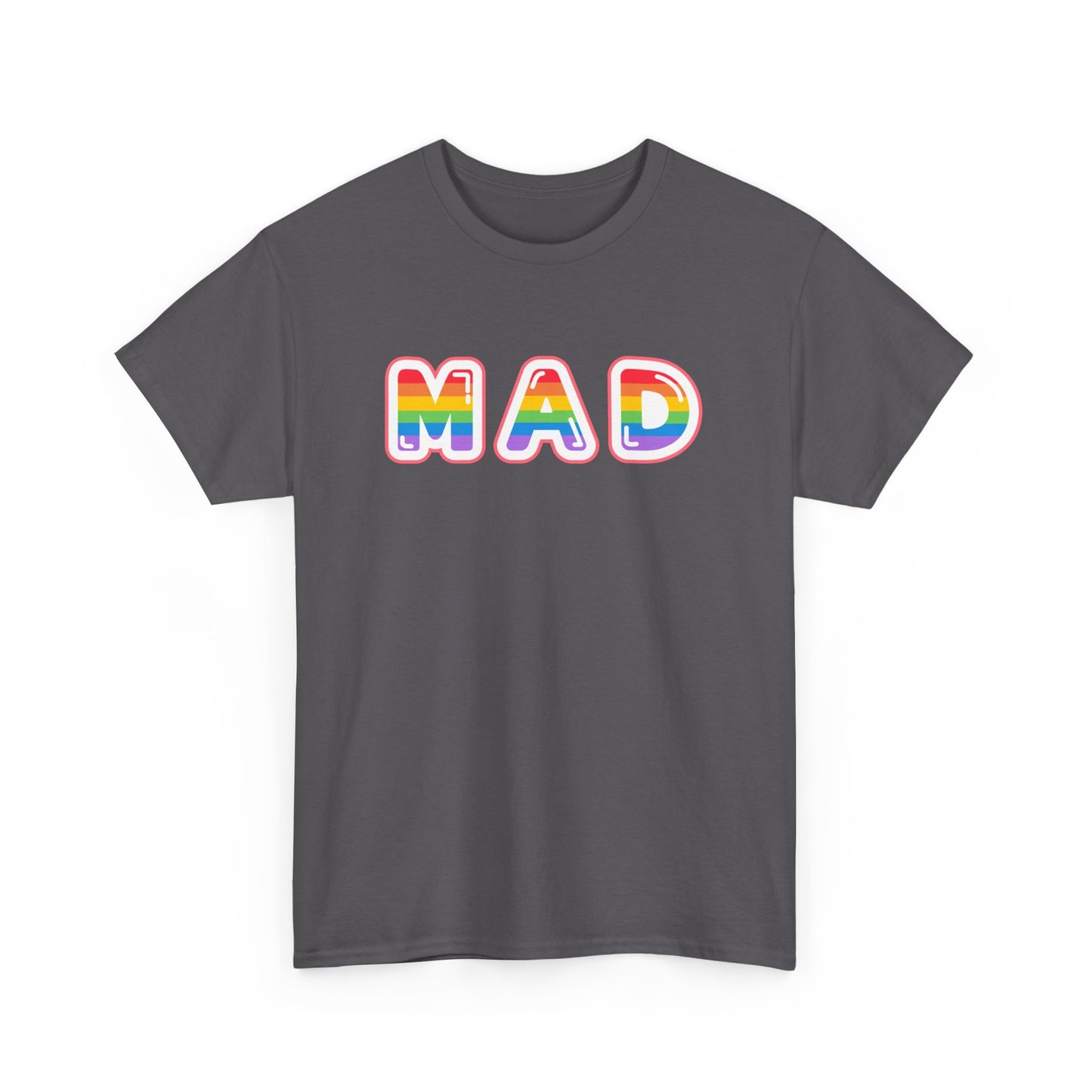 Rainbow 'MAD' Unisex Heavy Cotton Tee, Simple Letter Shirt, Graphic Tee