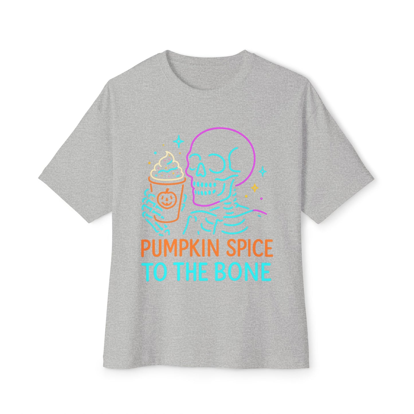 Pumpkin Spice Skeleton Tee, Unisex Halloween Shirt, Oversized Boxy Tee, Fall T-Shirt, Fun Autumn Apparel