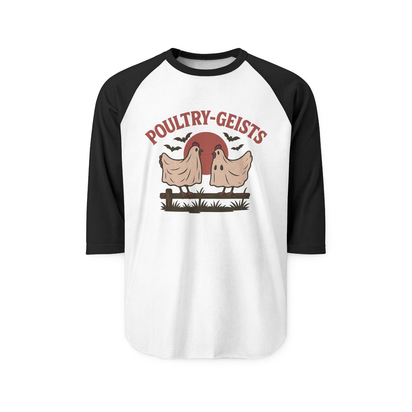 Poultry-Geists Unisex Raglan Halloween Shirt, Funny Halloween Tee, Farmhouse Style Top, Ghost Chicken Shirt, Perfect for Parties, Gift Idea