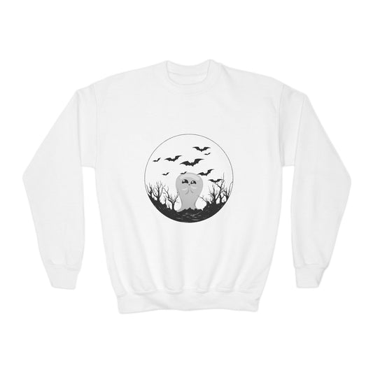 Halloween Ghost Youth Crewneck Sweatshirt, Cute Halloween Sweatshirt, Spooky Gifts for Kids, Fall Fashion, Trick or Treat Apparel