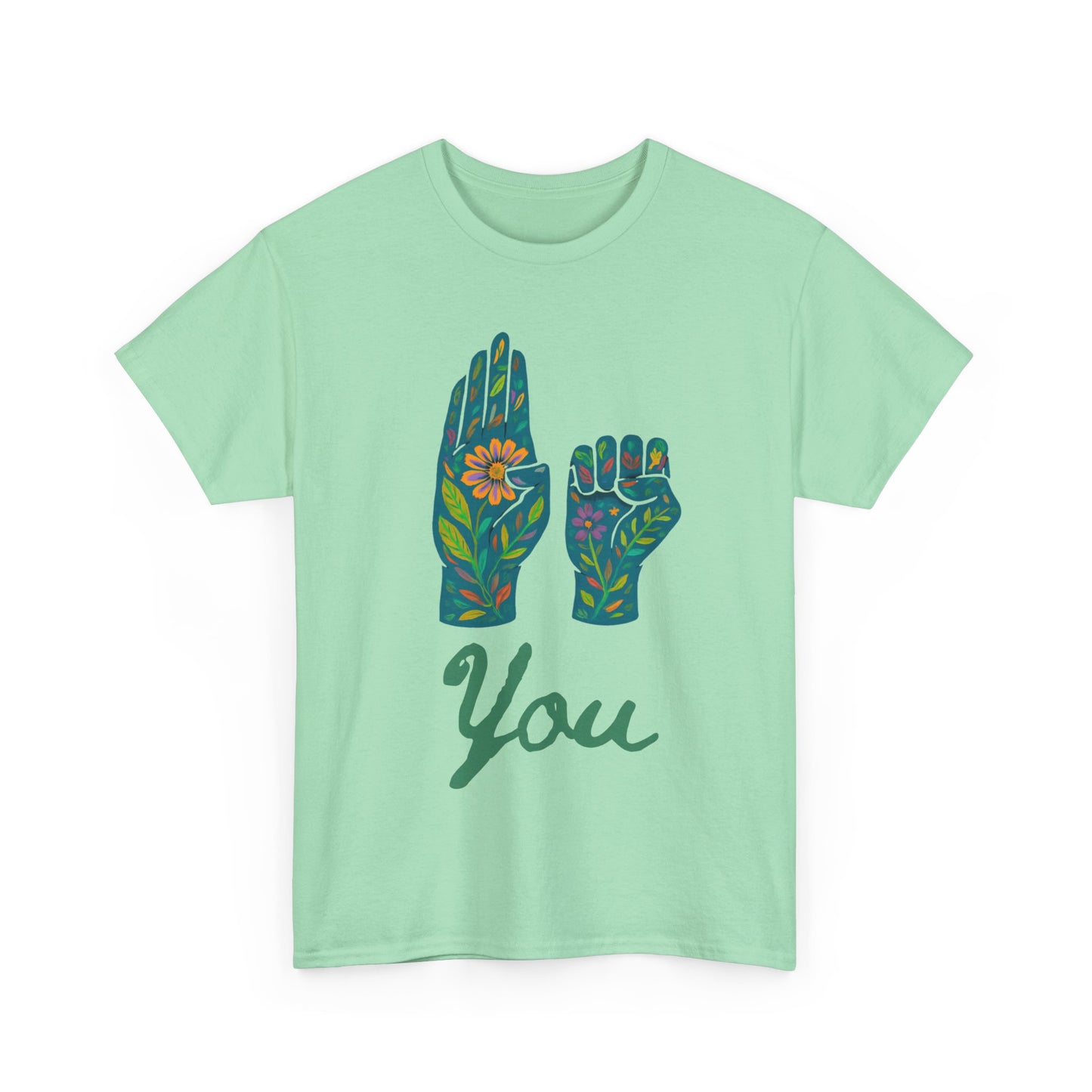 Unisex Heavy Cotton Tee with Floral ASL Design, Inspirational Sign Language T-Shirt