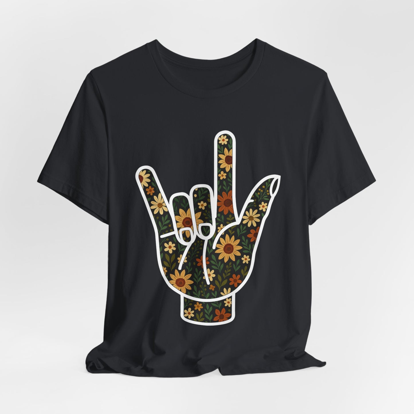 ASL Love Sign Floral Shirt | Soft Inclusive Graphic Tee for Deaf Community