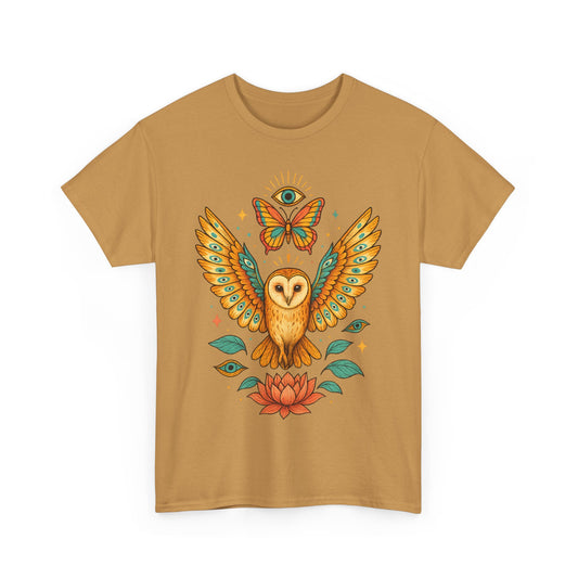 Owl and Butterfly Graphic Tee, Spiritual Cotton T-Shirt, Lotus Lover Gift, Boho Style