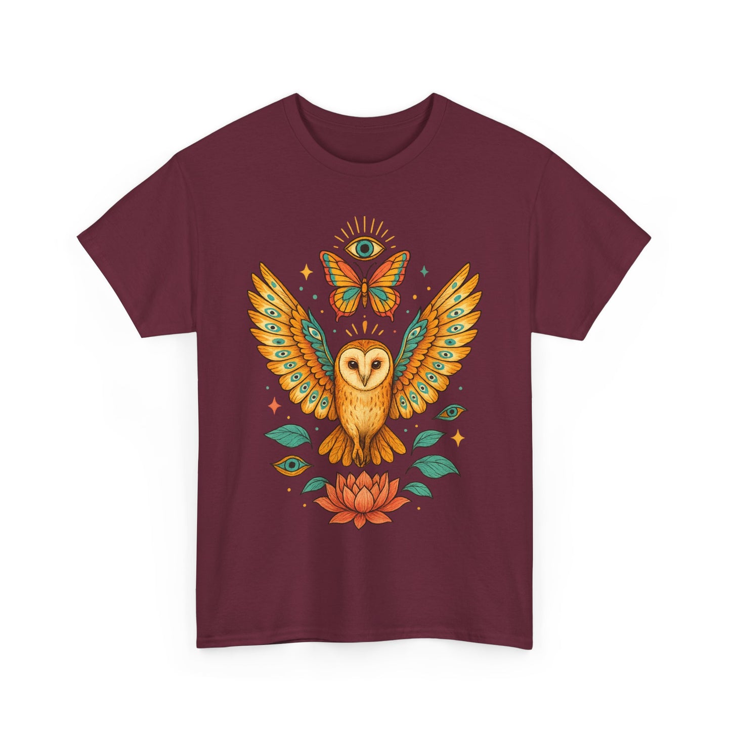 Owl and Butterfly Graphic Tee, Spiritual Cotton T-Shirt, Lotus Lover Gift, Boho Style