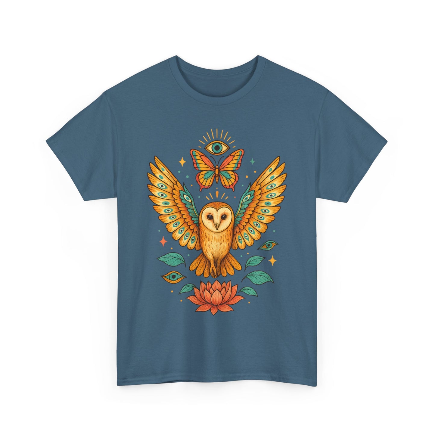 Owl and Butterfly Graphic Tee, Spiritual Cotton T-Shirt, Lotus Lover Gift, Boho Style