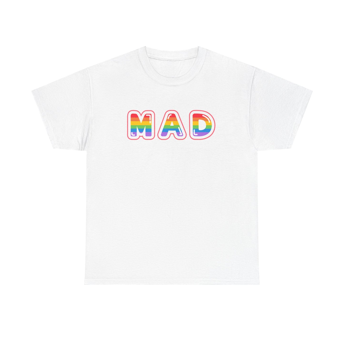 Rainbow 'MAD' Unisex Heavy Cotton Tee, Simple Letter Shirt, Graphic Tee