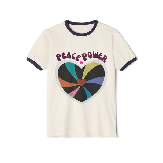 Colorful Peace Power Unisex Cotton Ringer T-Shirt | Fun Vintage Vibe | Perfect for Festivals, Casual Wear, Gifts, Summer