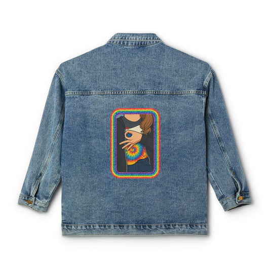Vibrant Women's Denim Jacket, ASL Design, Boho Chic Outerwear, Hippie Style Jacket, Festival Fashion, ASL - Bold Sign Language Statement Jacket for Women