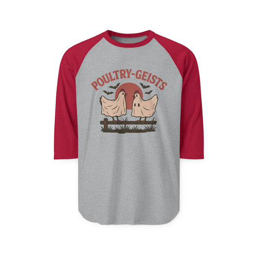 Poultry-Geists Unisex Raglan Halloween Shirt, Funny Halloween Tee, Farmhouse Style Top, Ghost Chicken Shirt, Perfect for Parties, Gift Idea