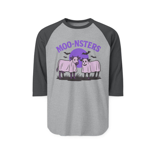 Moo-nsters Raglan Halloween Shirt, Cute Farm Cow Tee, Halloween Clothing, Funny Graphic Shirt, Unisex Casual Wear, Gift for Cow Lovers