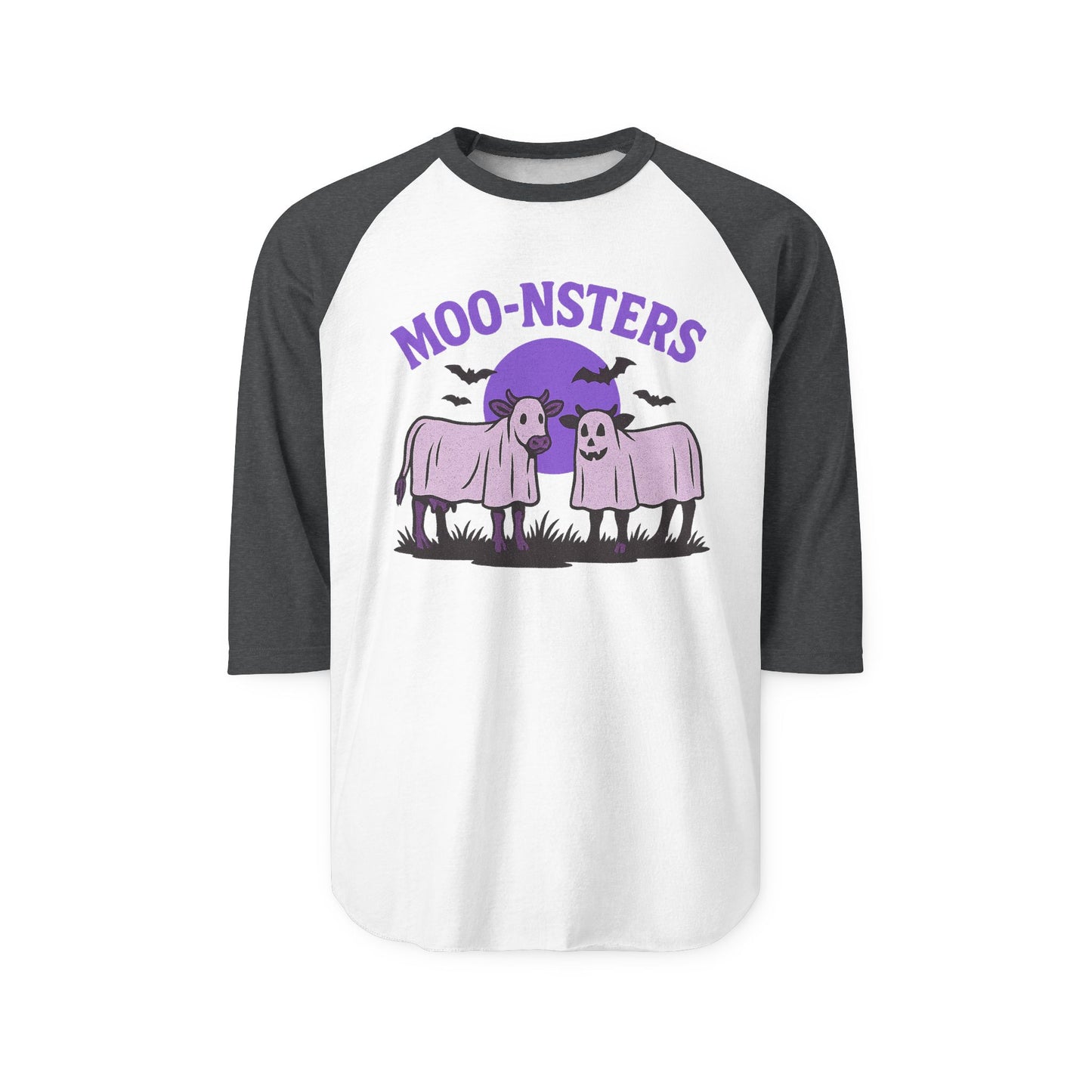 Moo-nsters Raglan Halloween Shirt, Cute Farm Cow Tee, Halloween Clothing, Funny Graphic Shirt, Unisex Casual Wear, Gift for Cow Lovers