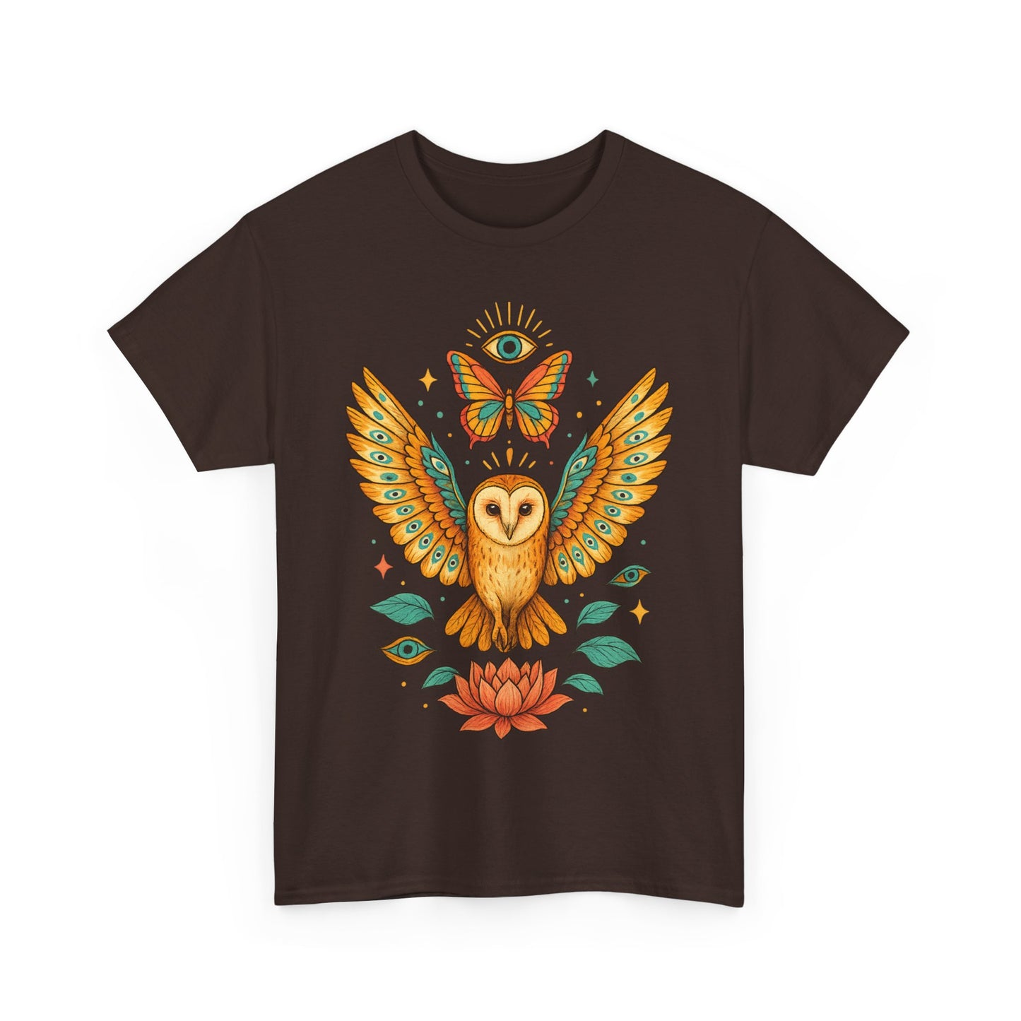 Owl and Butterfly Graphic Tee, Spiritual Cotton T-Shirt, Lotus Lover Gift, Boho Style