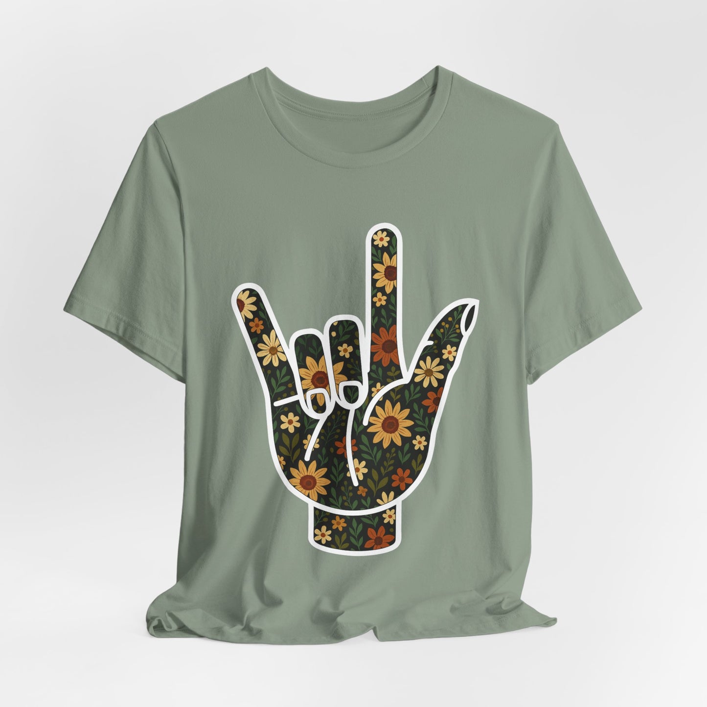ASL Love Sign Floral Shirt | Soft Inclusive Graphic Tee for Deaf Community