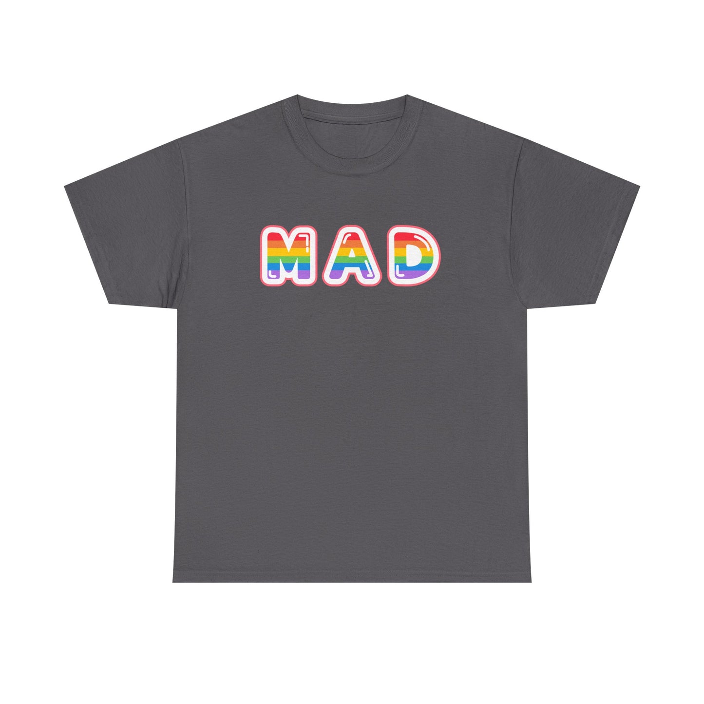 Rainbow 'MAD' Unisex Heavy Cotton Tee, Simple Letter Shirt, Graphic Tee