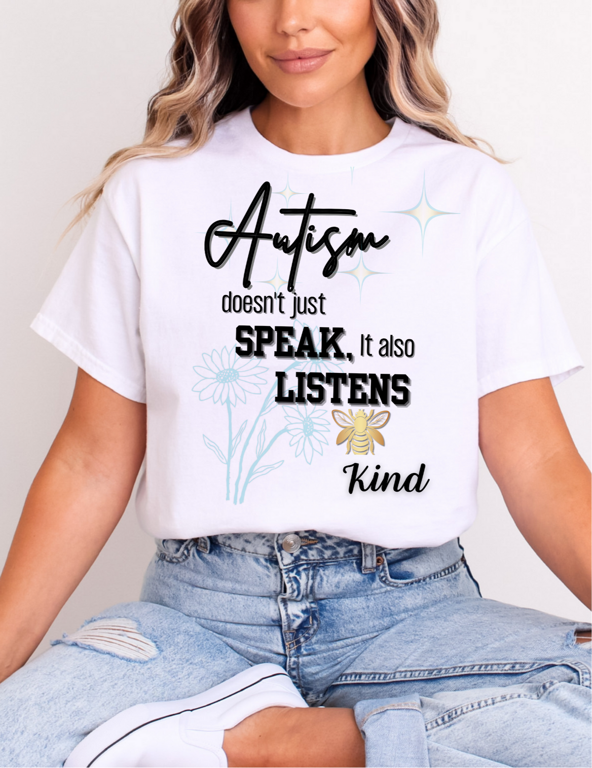 Autism Awareness Women's T-shirt- Autism Doesn’t Just Speak, it also listens-Be kind, Acceptance, Advocacy