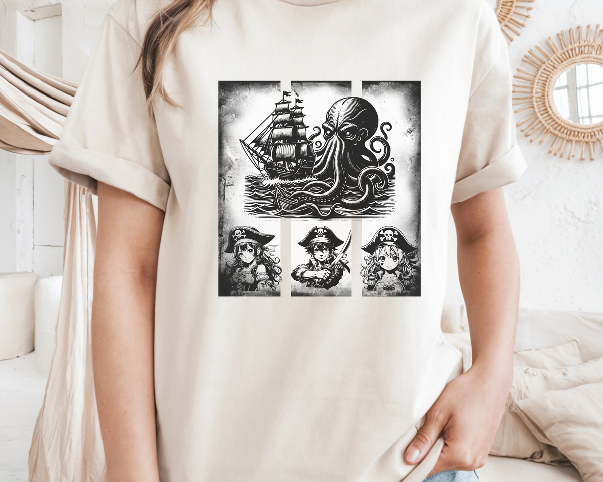Anime Pirate Ship Youth Lightweight T-Shirt: Black & White Design for Teen Anime Lovers
