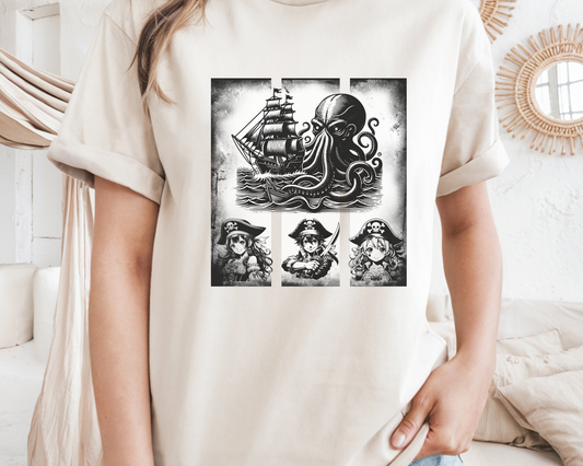 Anime Pirate Ship Youth Lightweight T-Shirt: Black & White Design for Teen Anime Lovers