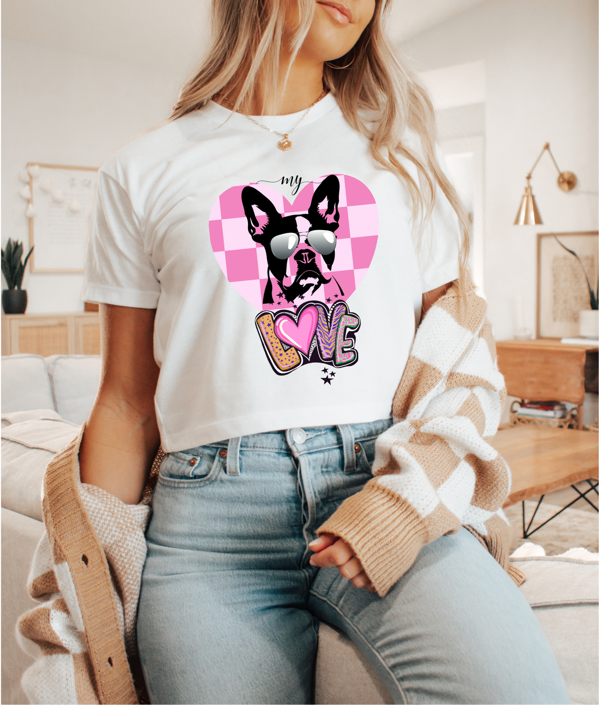 Boston Terrier Dog Mom Love Women's Crop Top - Cute Dog Mom Graphic Tee Shirt for Breed Lovers