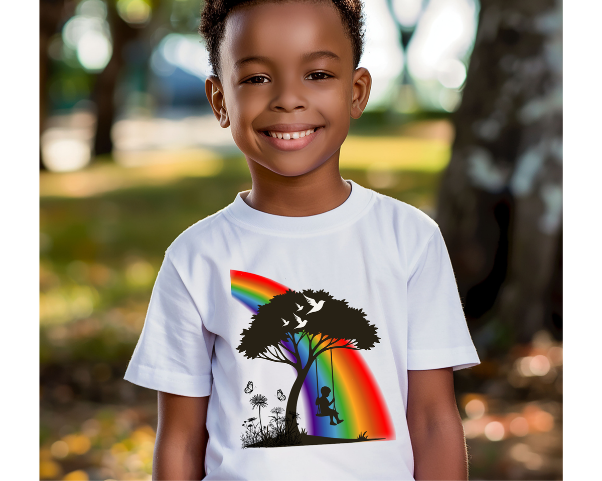 Childhood Wonder Youth Short Sleeve T-Shirt, Nostalgic Swinging Boy Under the Rainbow