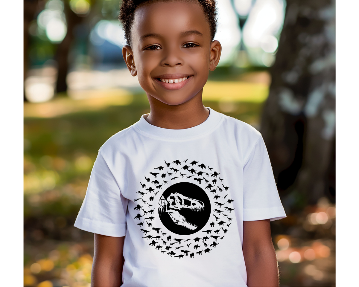 Paleontology-Inspired Dinosaur Skeleton Circle T-Shirt for Kids: Lightweight Comfort for Young Explorers