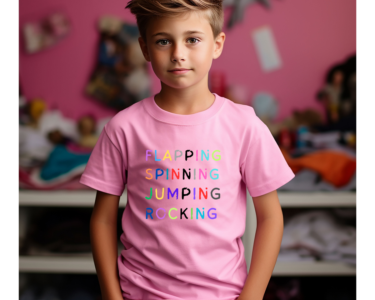 Kids Stimming T-shirt: Flapping Spinning Jumping Rocking Lightweight Youth TShirt